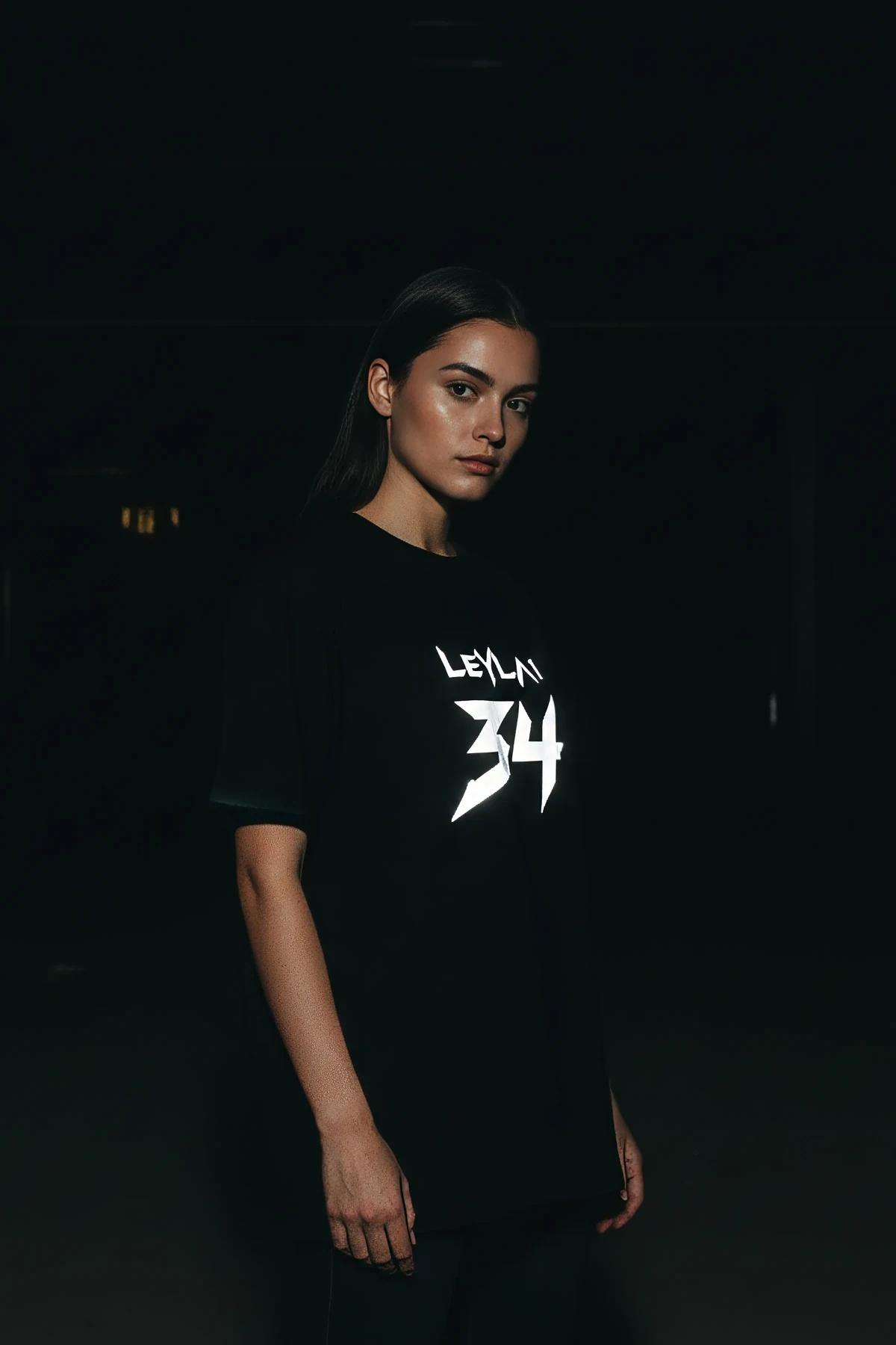 LEYLA 34 reflektörlü ön baskılı siyah oversize tişört model üzerinde