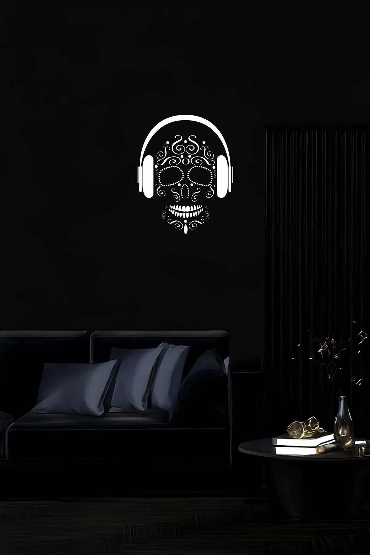 Sugar Skull Wall Art with Headphones Back View Wooden Frame Detail