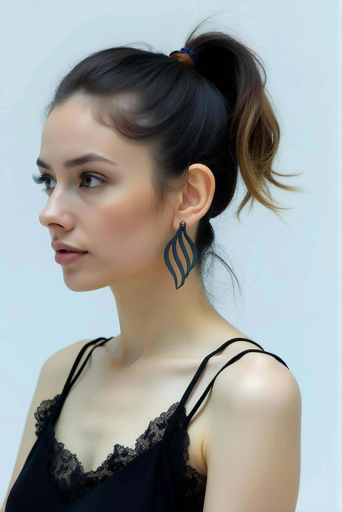 Black Sculptural Drop Earrings, Laser Cut Vegan Leather
