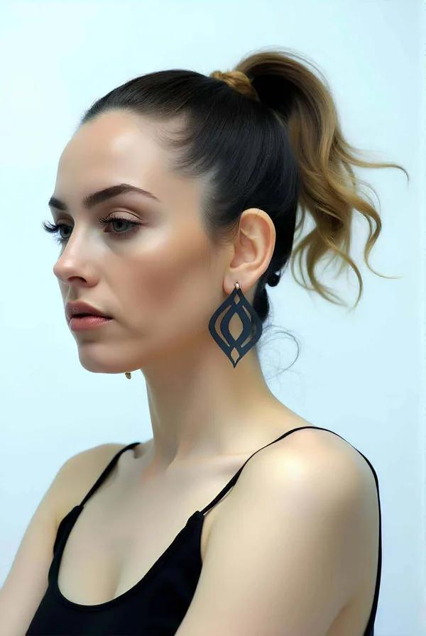 Black Vegan Leather Drop Earrings with Cut-Out Motif