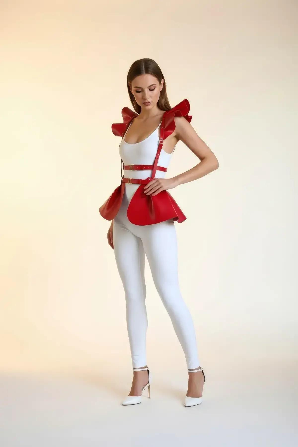Red Peplum Harness Skirt with Ruffled Shoulder Detailing