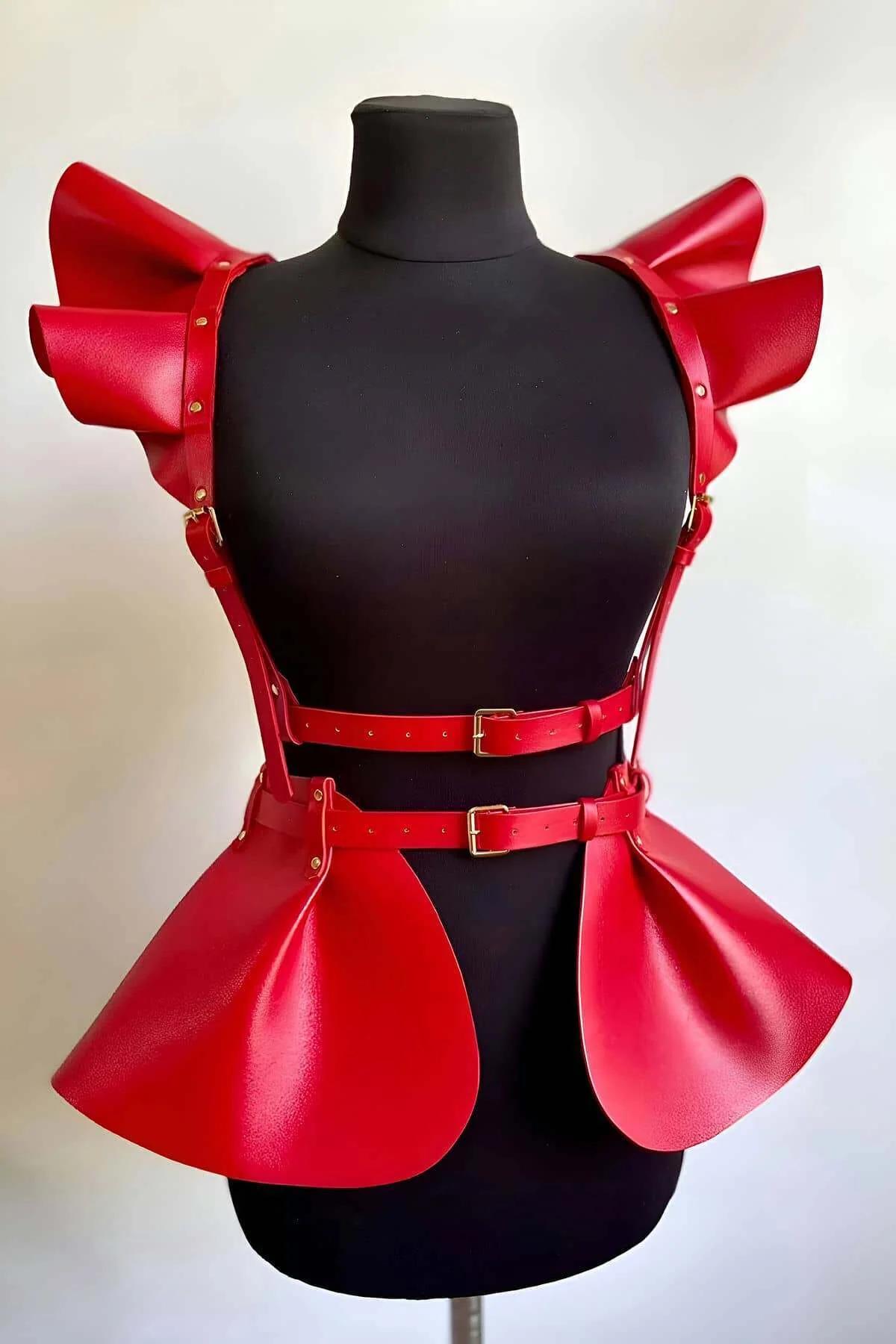 Red Harness Skirt Set with Ruffled Shoulder Accents