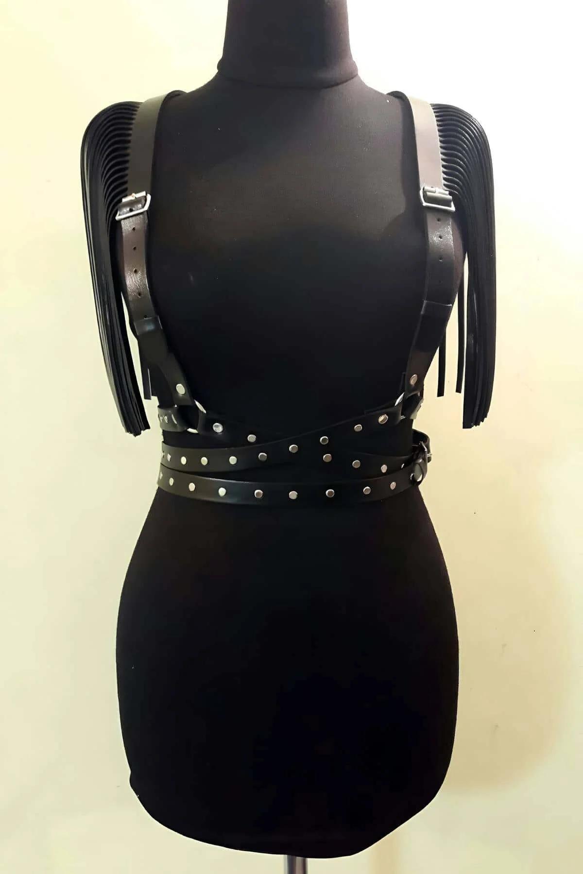 Fringe Shoulder Chest Harness with Studded Waist Straps