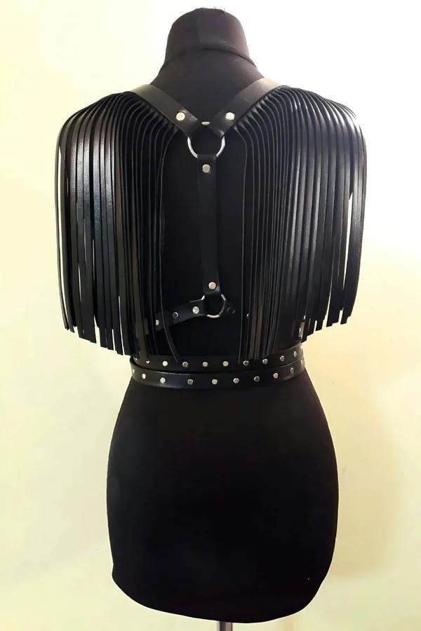 Fringe Shoulder Chest Harness with Studded Waist Straps