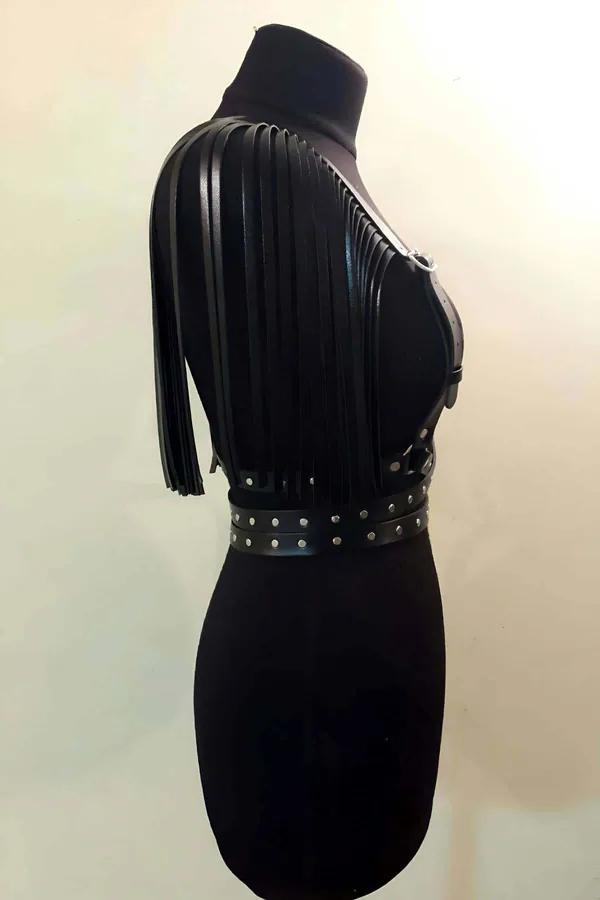 Fringe Shoulder Chest Harness with Studded Waist Straps