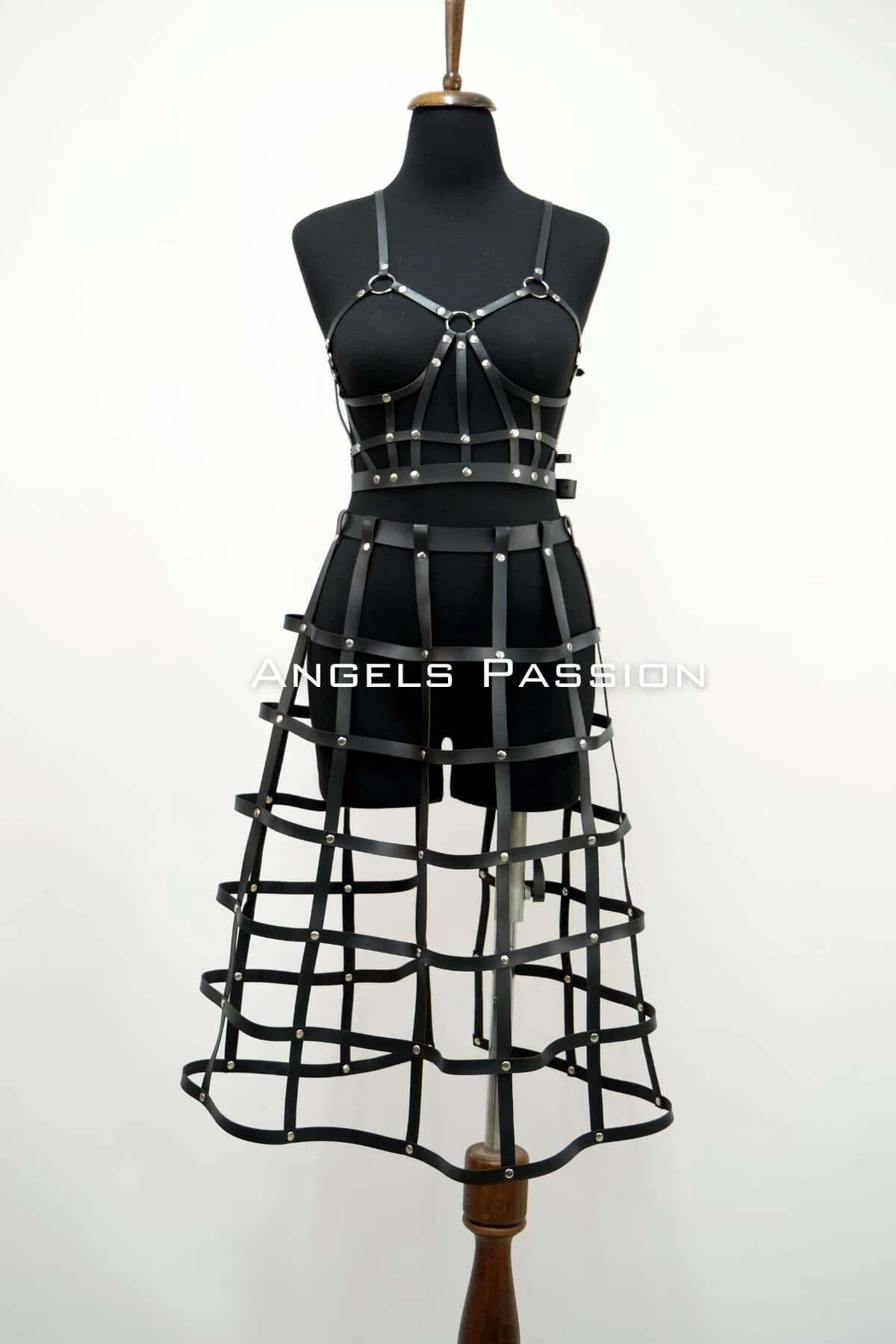 Caged Faux Leather Skirt & Matching Crop Top Harness Set