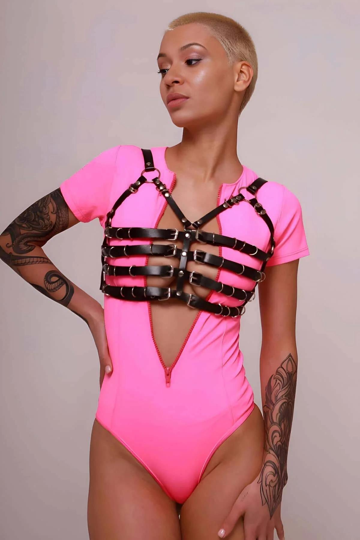 Strappy Faux Leather Chest Harness with Buckles