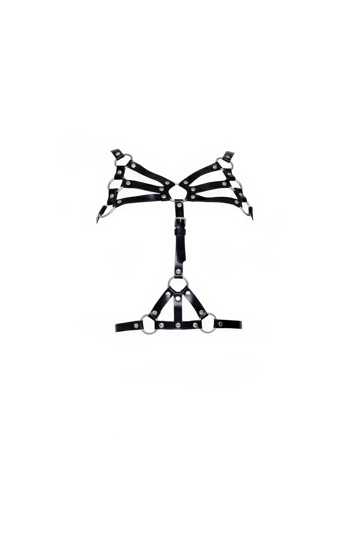 Adjustable Faux Leather Cage Harness Bra with Studded O-Rings