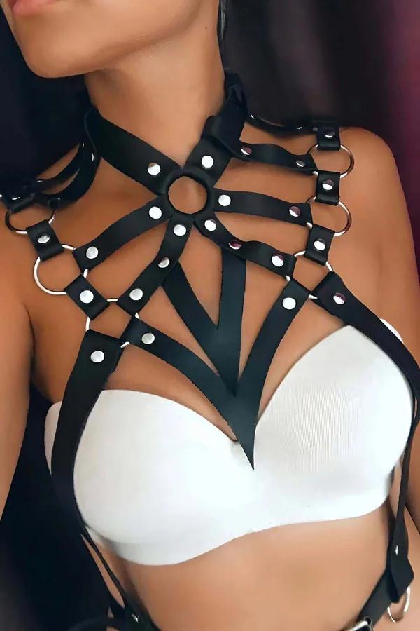 Black Studded O-Ring Chest Harness