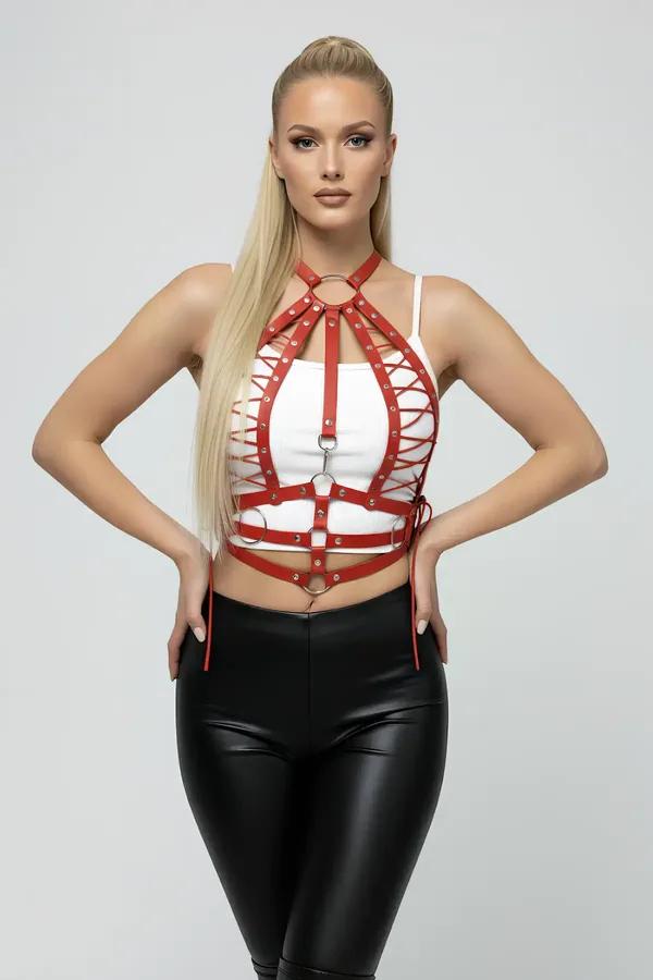 Red Faux Leather Laced Halter Body Harness Top