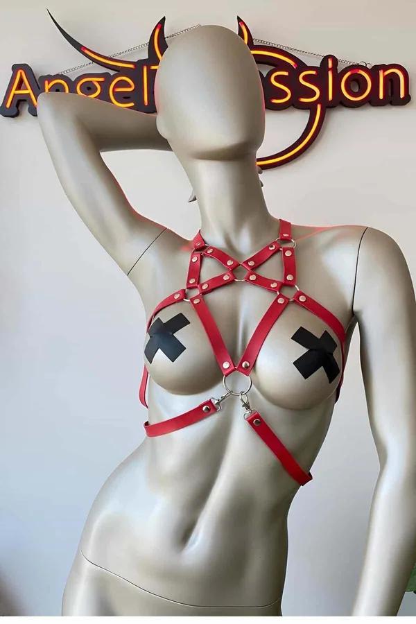 Adjustable Red Faux Leather Chest Harness
