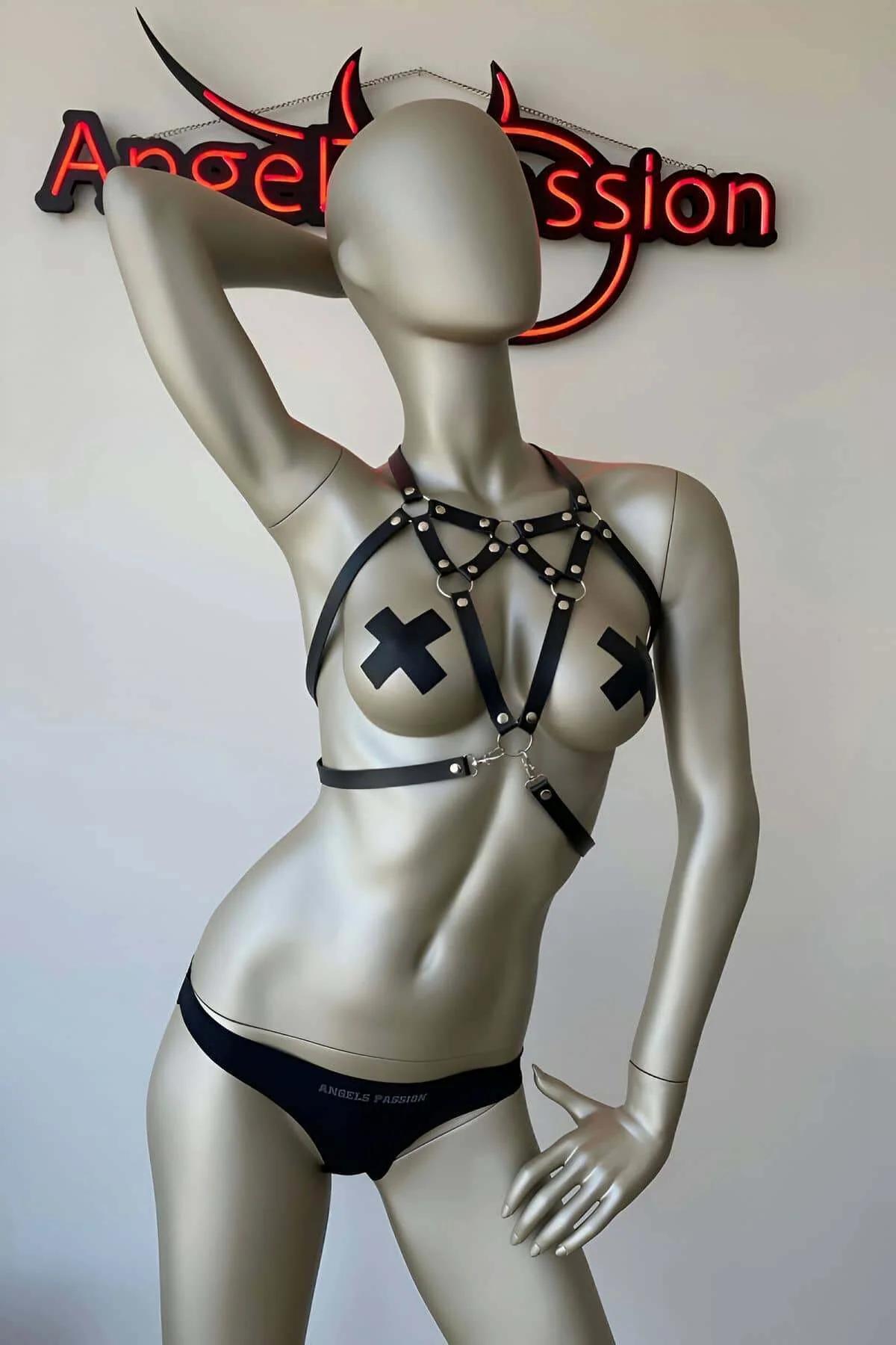 Strappy Black Faux Leather Chest Harness with Stars