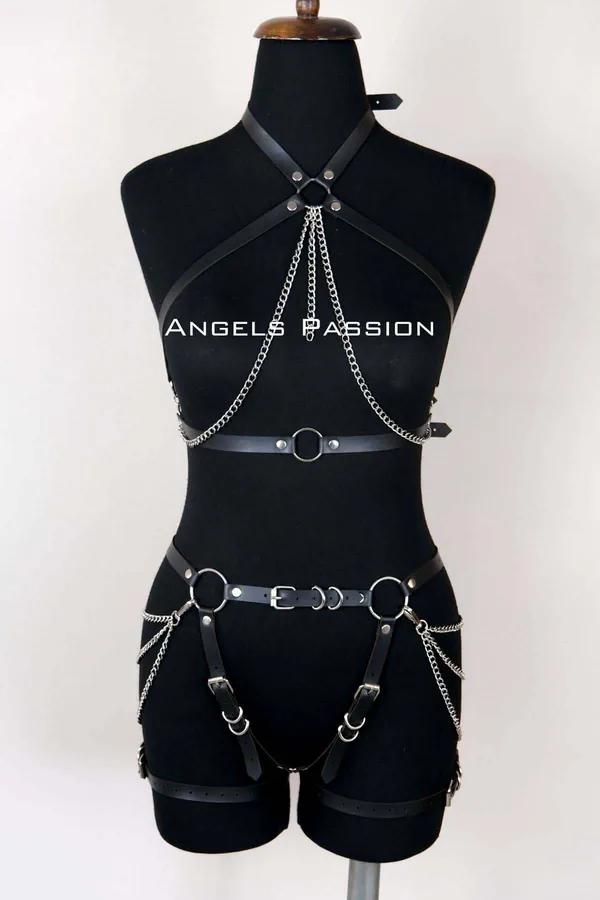 Faux Leather Full Body Harness with Chain Accents