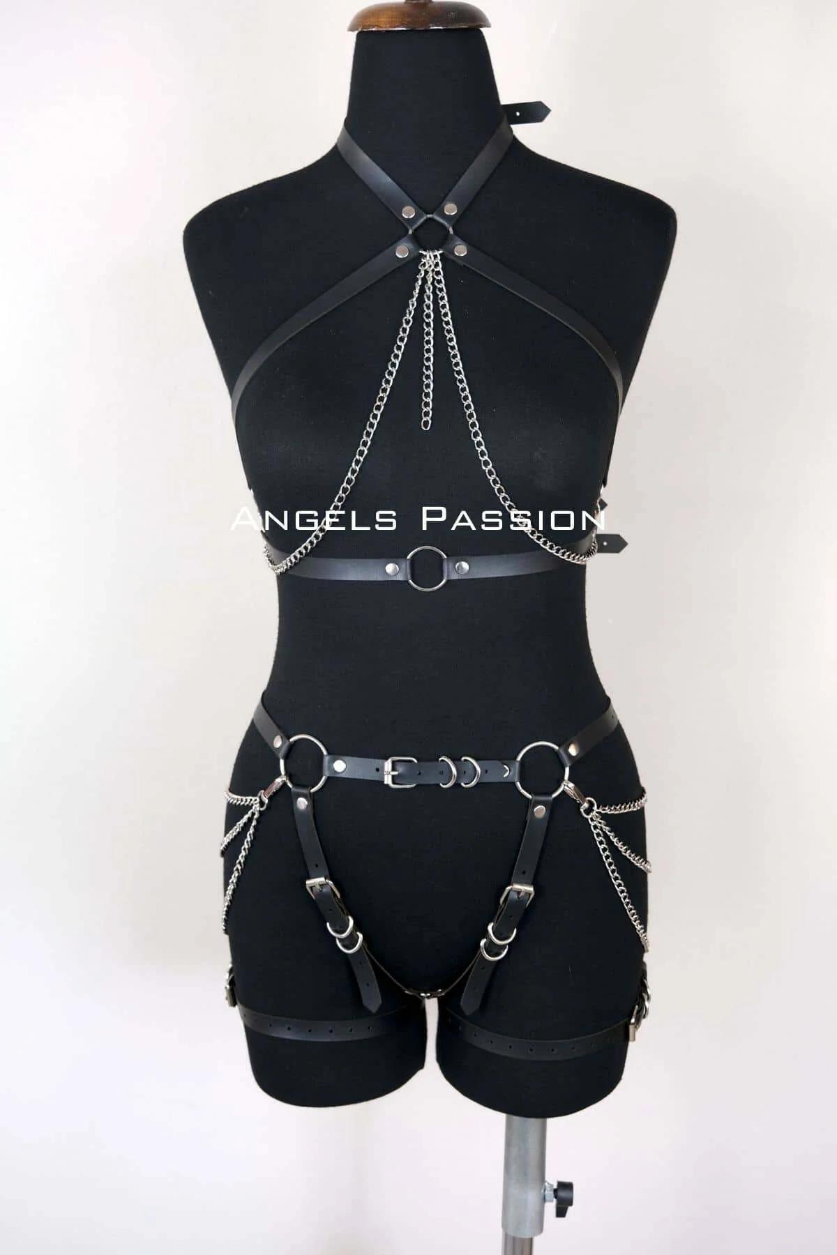 Faux Leather Full Body Harness with Chain Accents