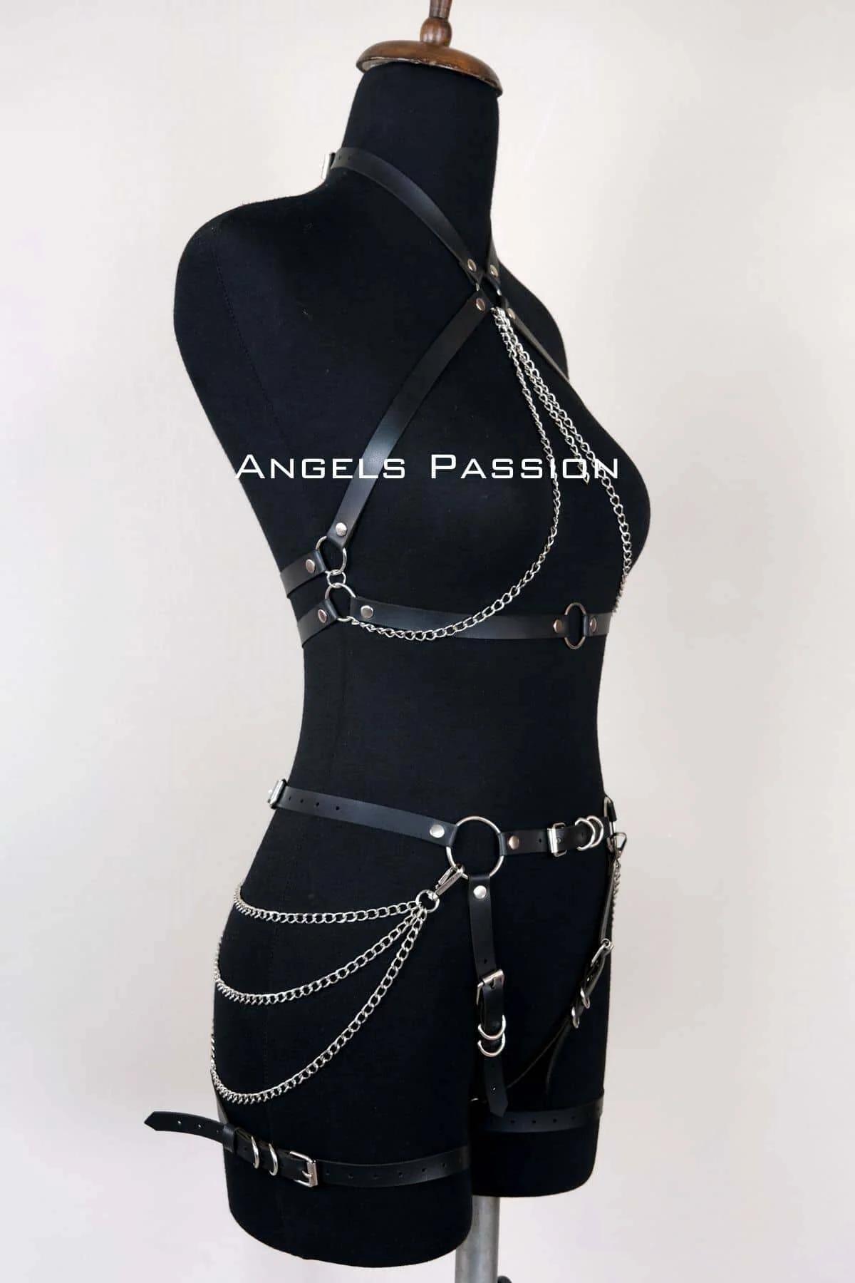 Faux Leather Full Body Harness with Chain Accents