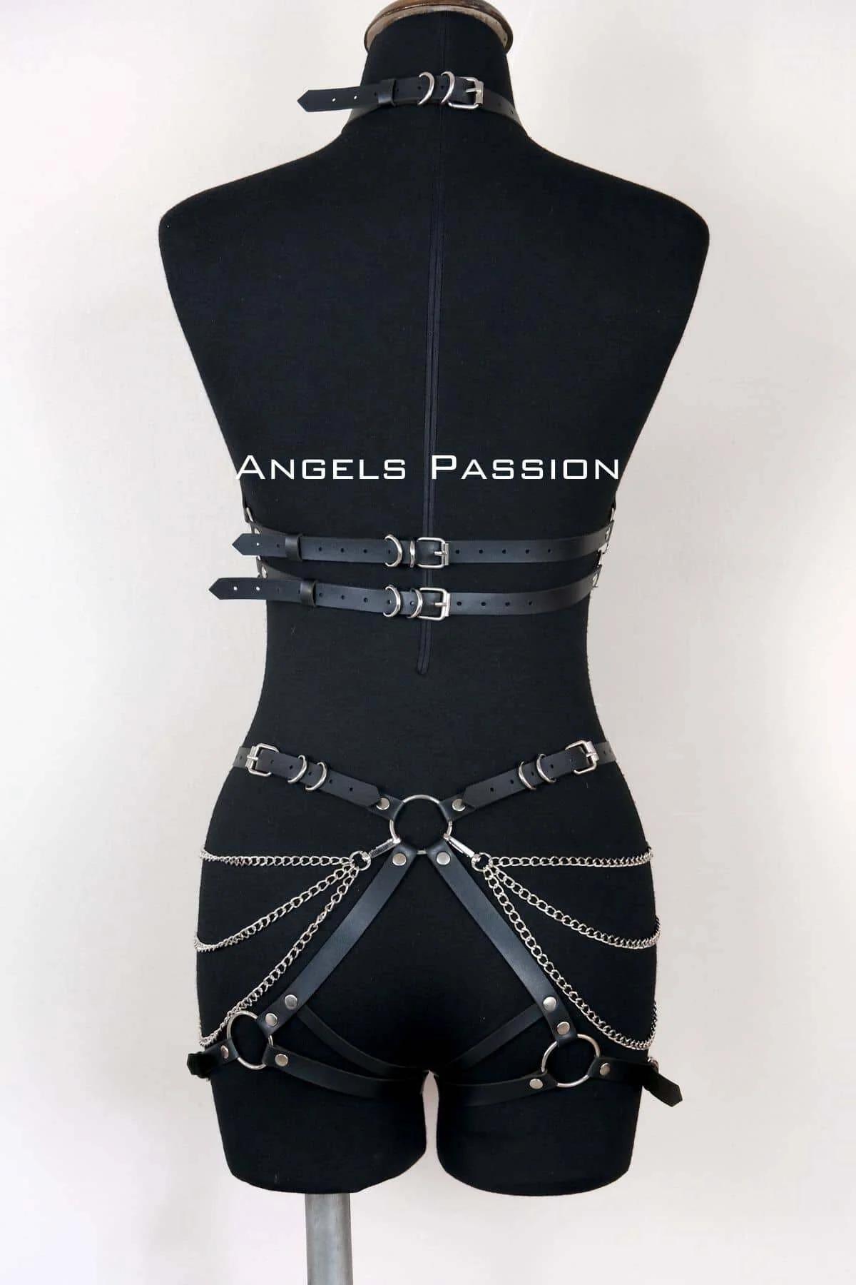 Faux Leather Full Body Harness with Chain Accents