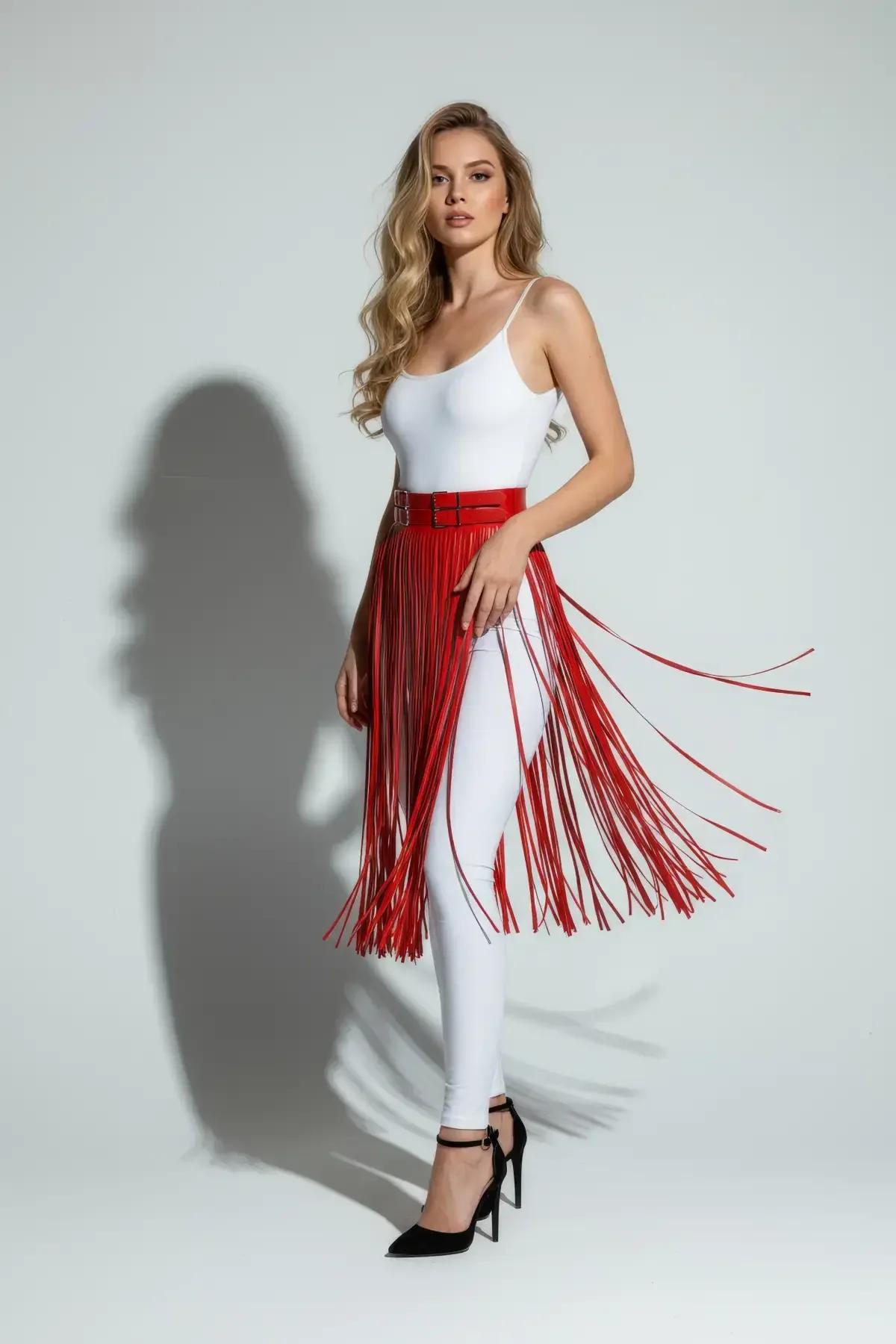 Red Faux Leather Fringe Waist Harness Skirt