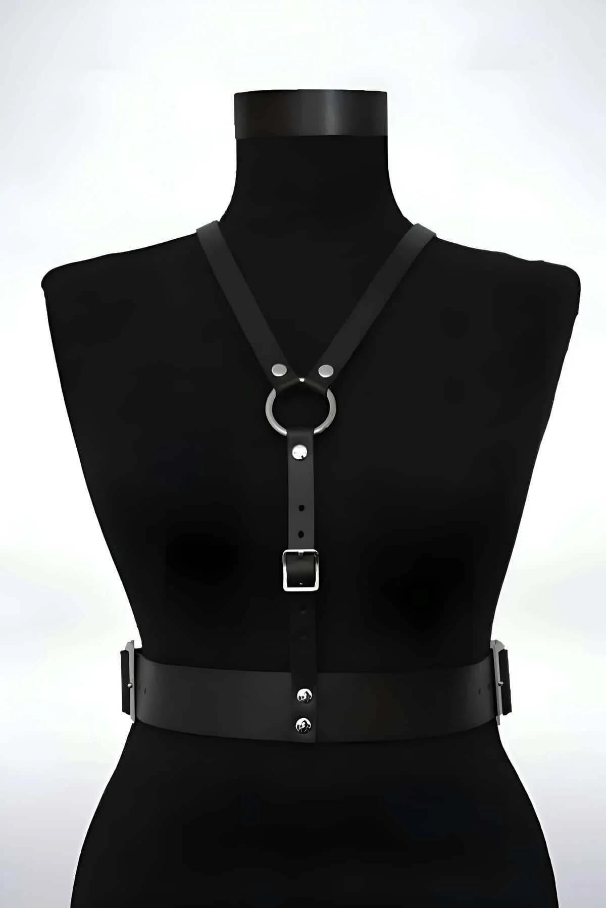 Espresso Faux Leather Chest Harness with Waist Belt
