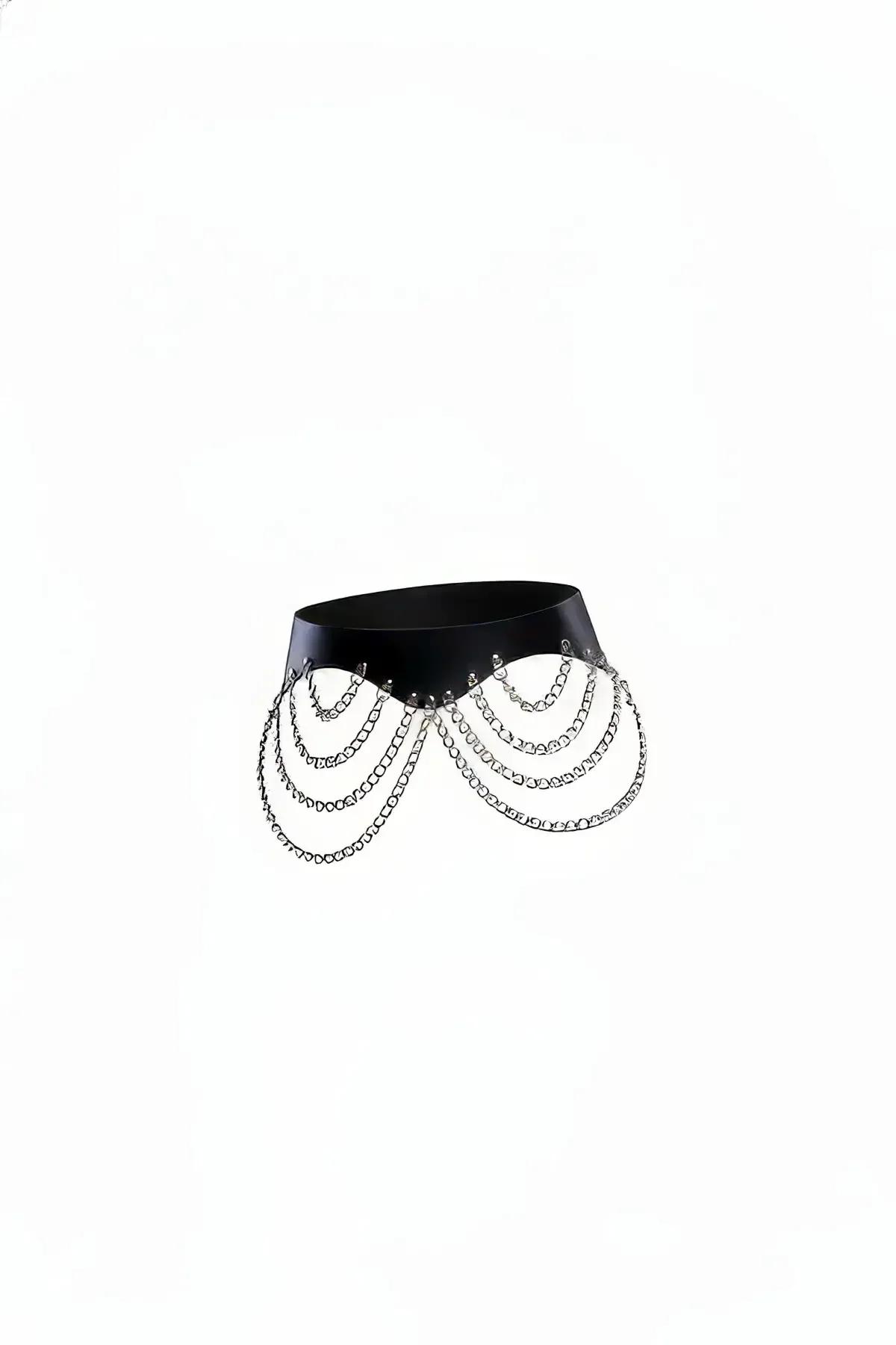 Faux Leather Waist Belt with Cascading Silver Chain Overlay