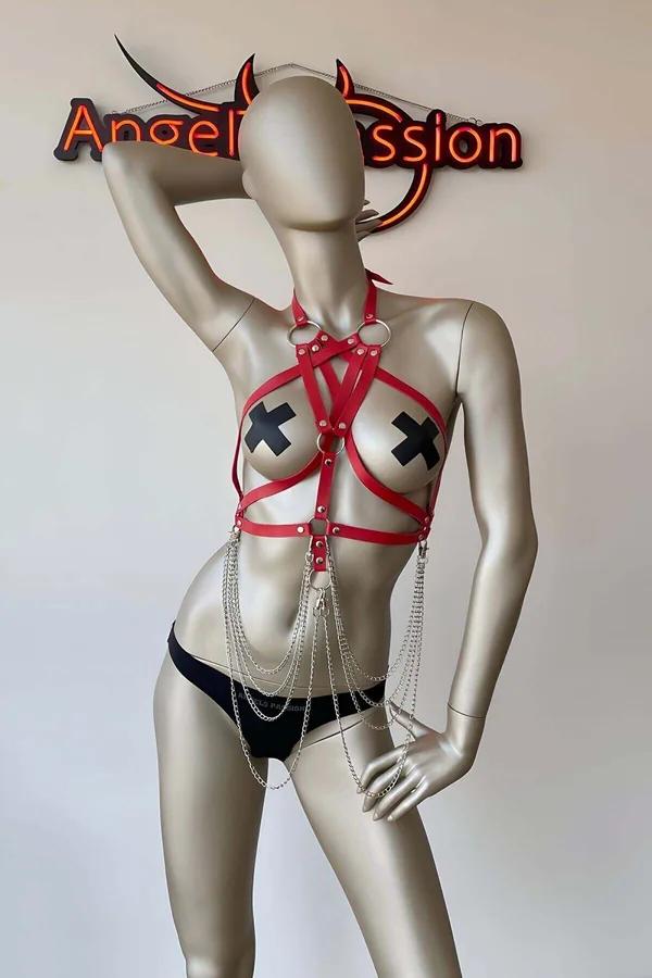 Red O-Ring Chest Harness with Layered Waist Chains