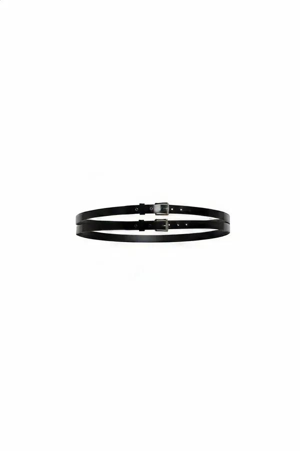 Double Slim Strap Faux Leather Waist Belt with Dual Buckles