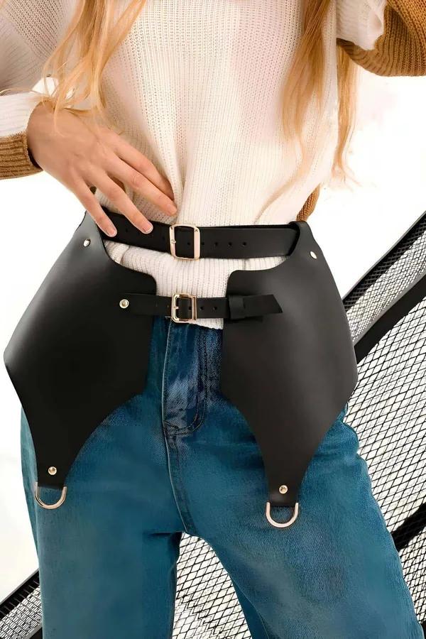 Faux Leather Overlay Skirt Harness Belt with D-Rings