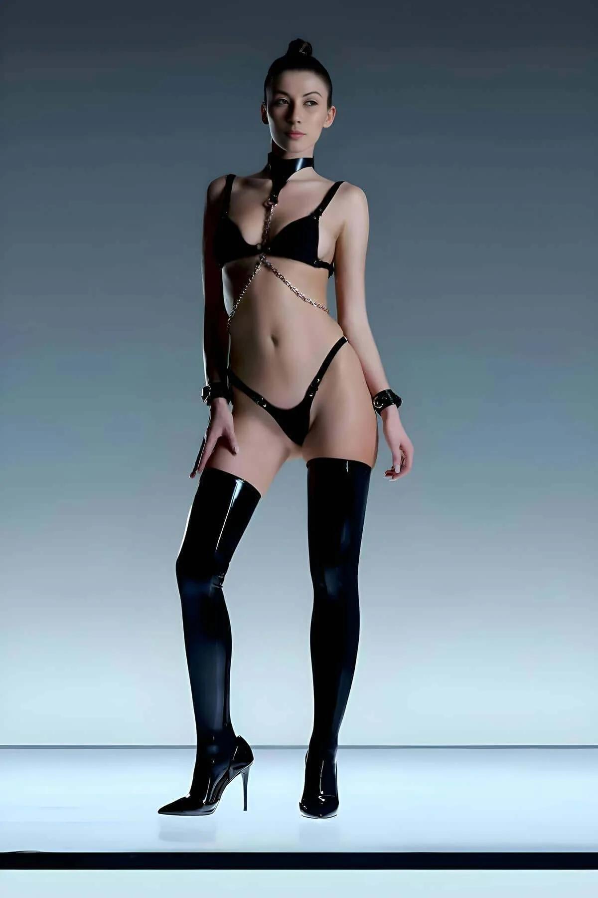 Chain Harness Bra & Thong Set with Choker Collar