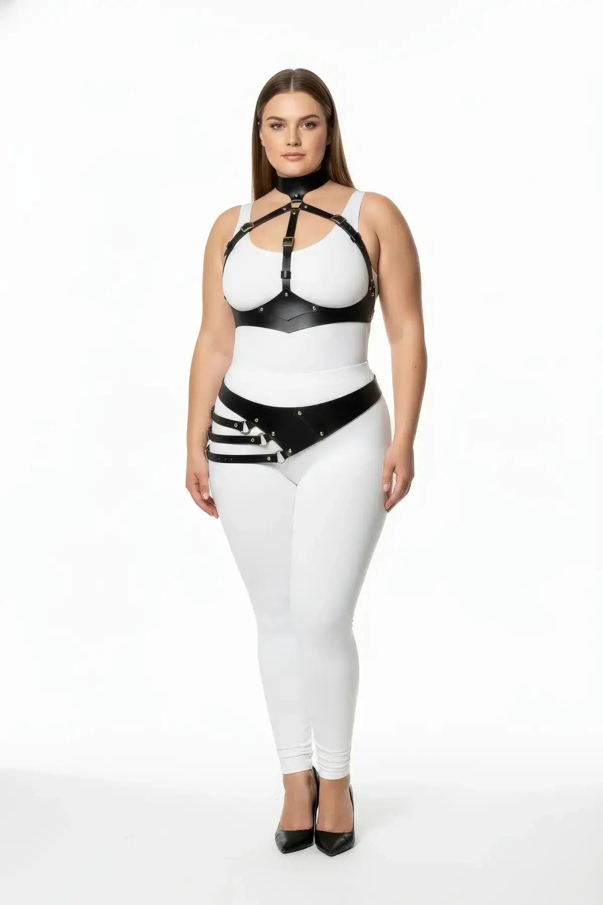 Faux Leather Full Body Harness with Diagonal Waist Belt