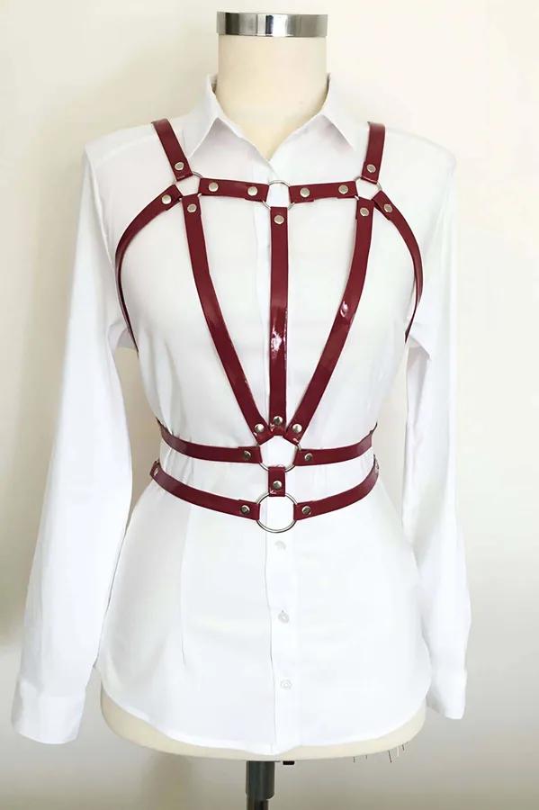 Parlak Bordo Suni Deri Göğüs ve Bel Harness Ayarlanabilir