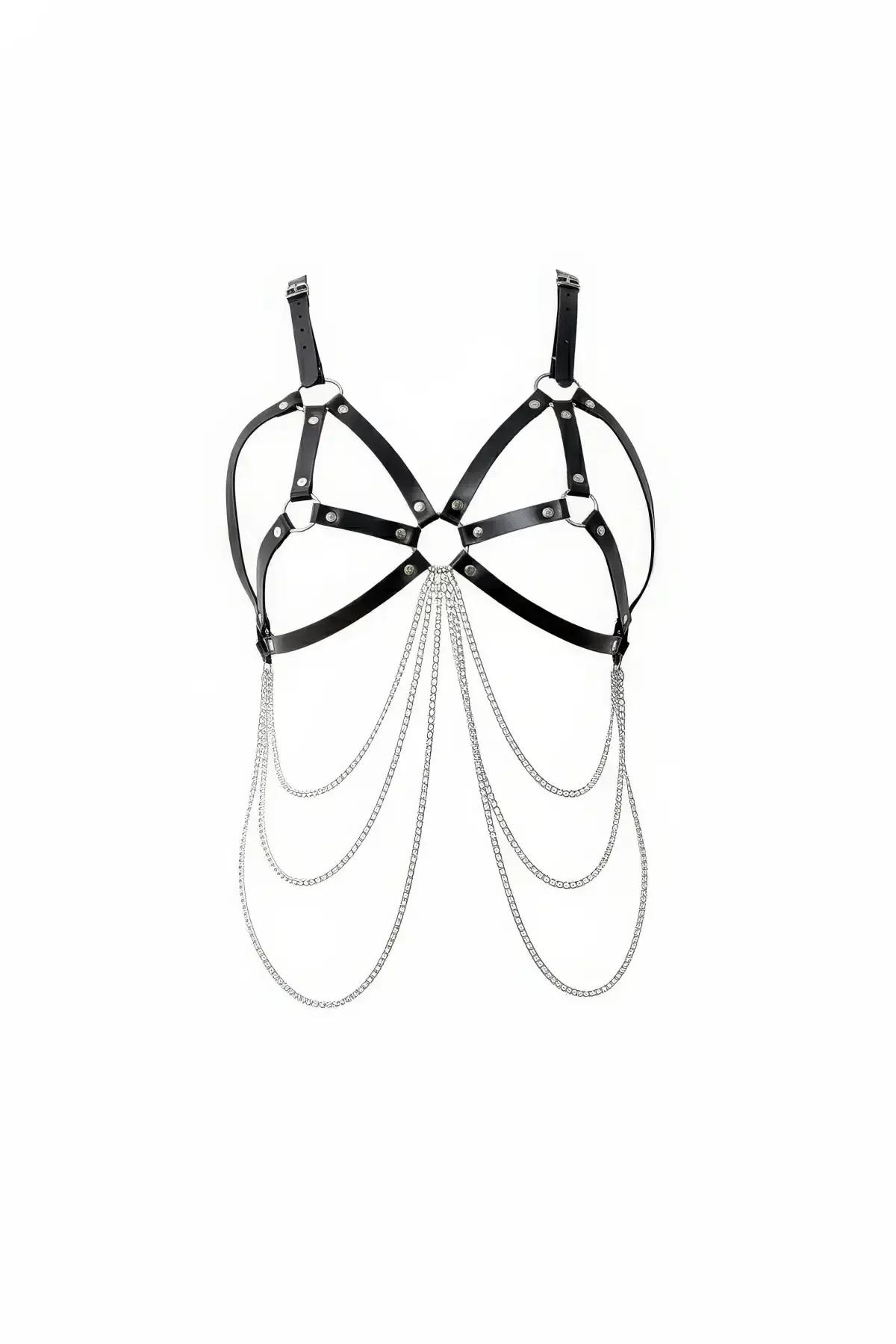 Caged Faux Leather Harness Bra with Draping Chains