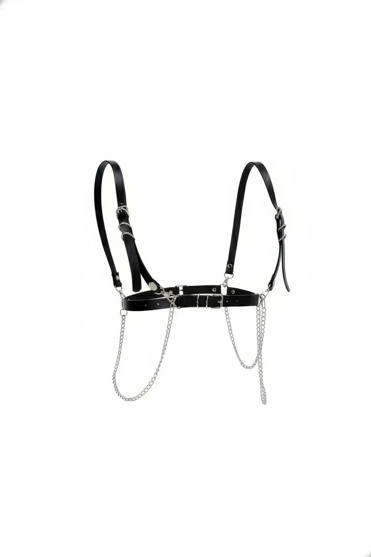 Black Faux Leather Chest Harness with Draping Chains