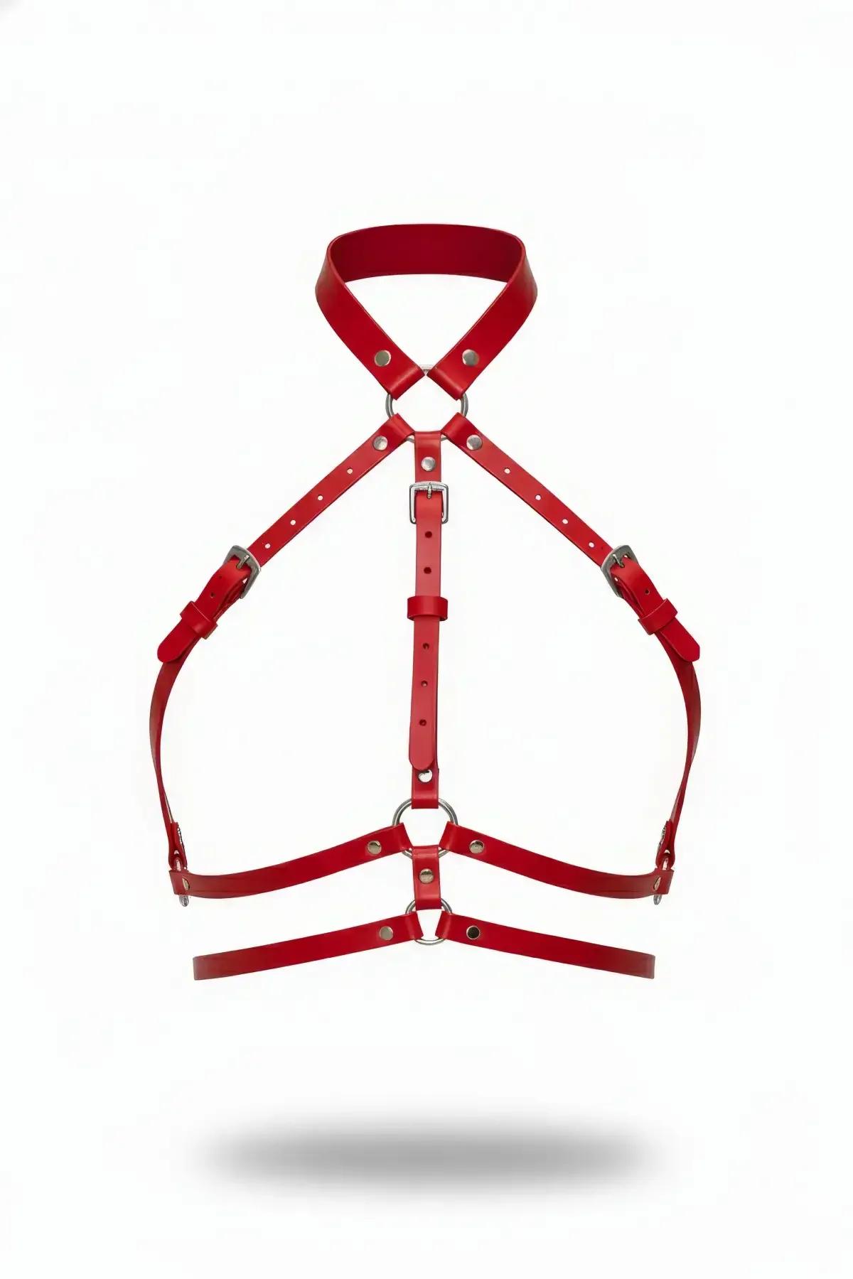 Red Faux Leather Choker Chest Harness with Underbust Straps