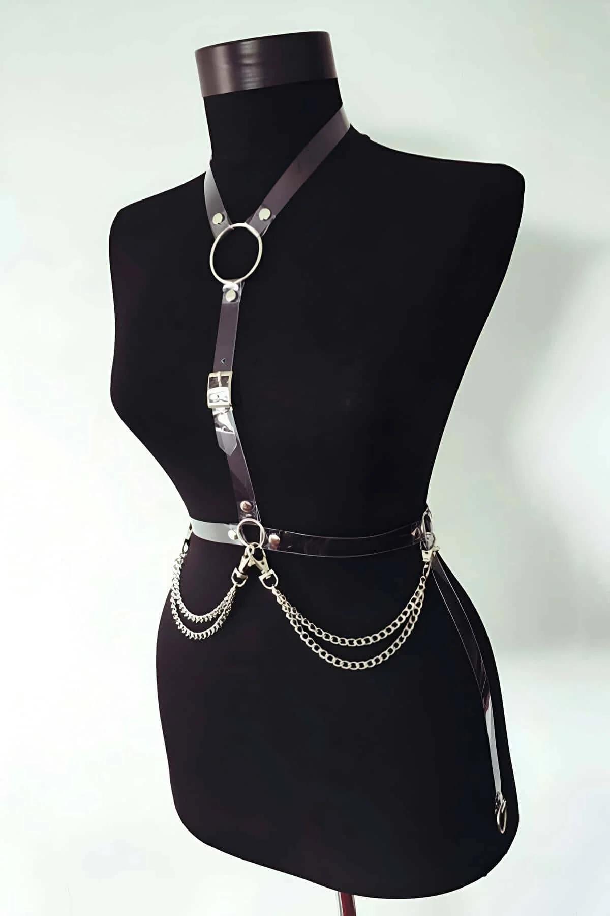 Patent Faux Leather Chest Harness with O-Ring & Chains