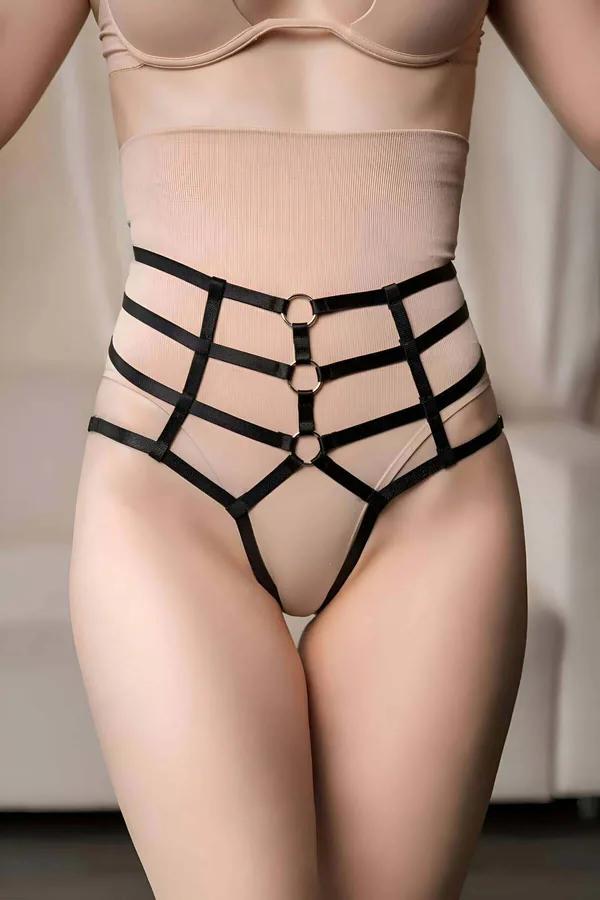 High Waist Crotchless Harness Thong with O-Rings