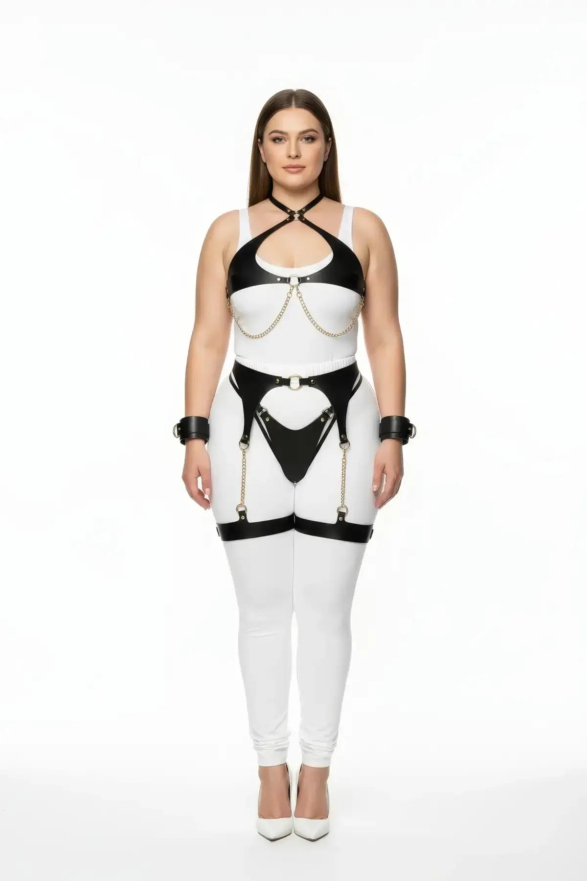 Plus Size Faux Leather Chain Harness Set with Garters