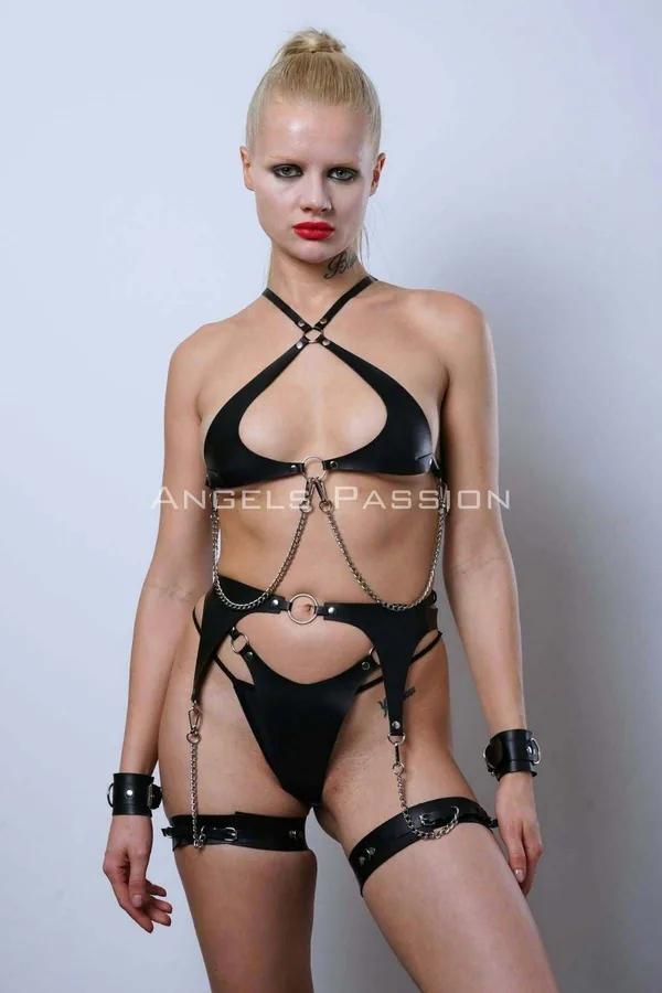 Strappy Faux Leather Harness Set with Chain Details