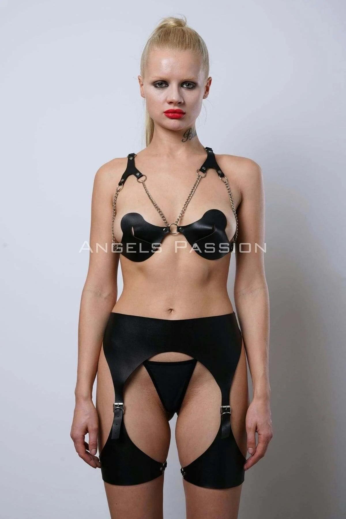 Faux Leather Harness Bra & Garter Belt Set with Leg Straps