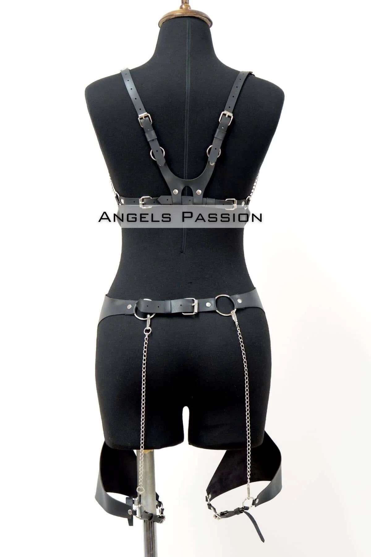 Faux Leather Harness Bra & Garter Belt Set with Studs