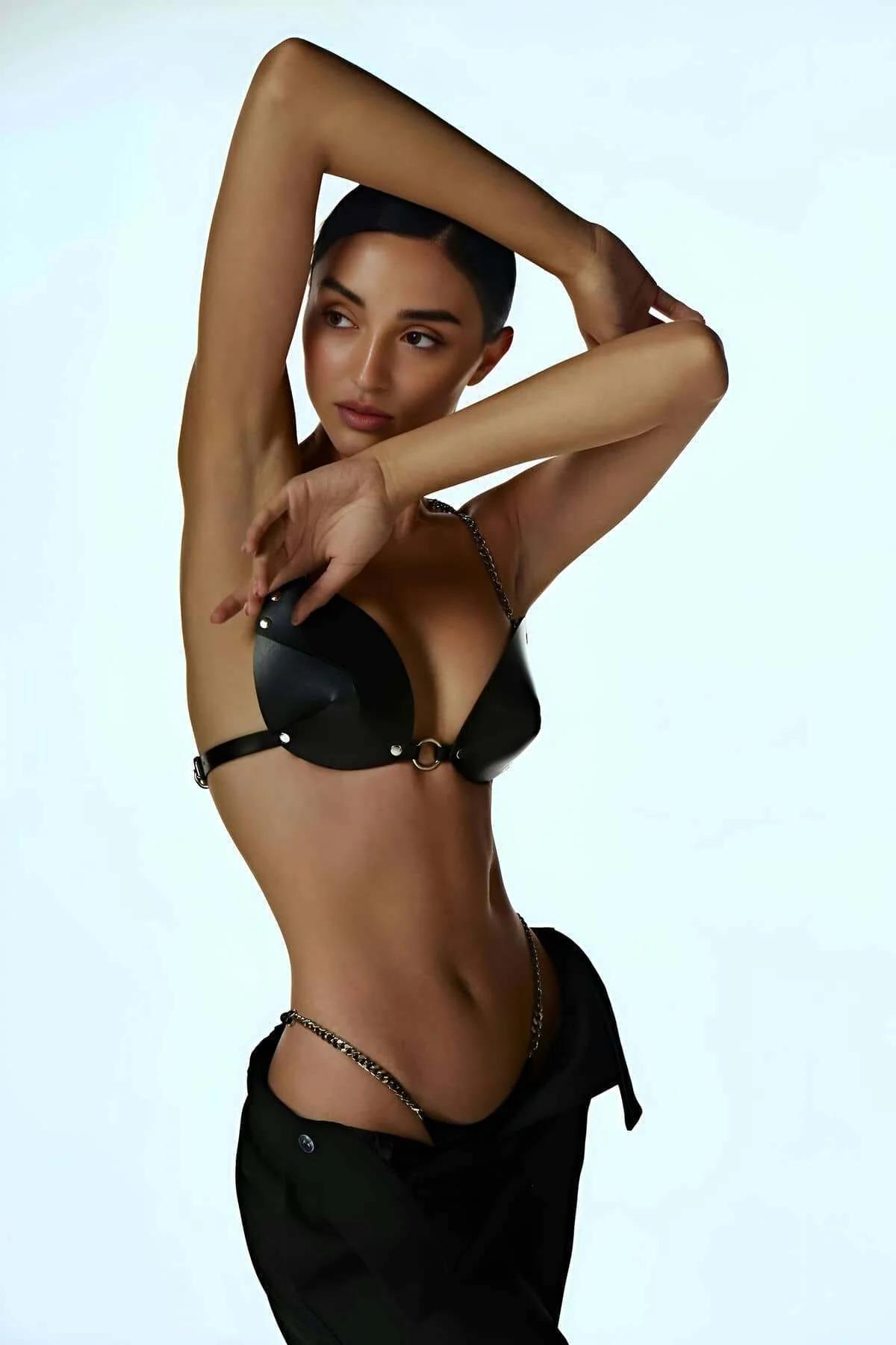 Black Faux Leather Harness Bra with Gold Chain Accent