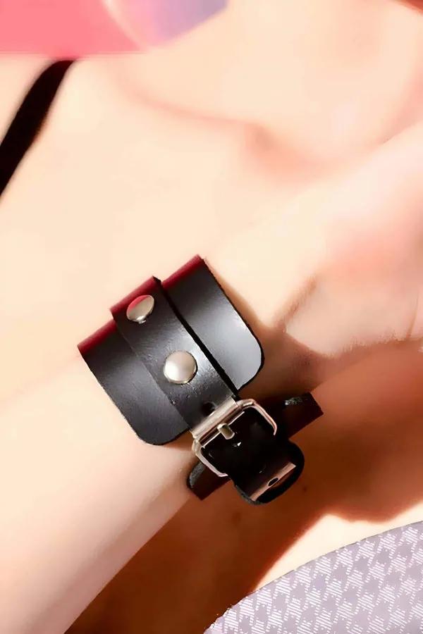 Adjustable Black Faux Leather Wrist Cuff with Metal Ring Detail
