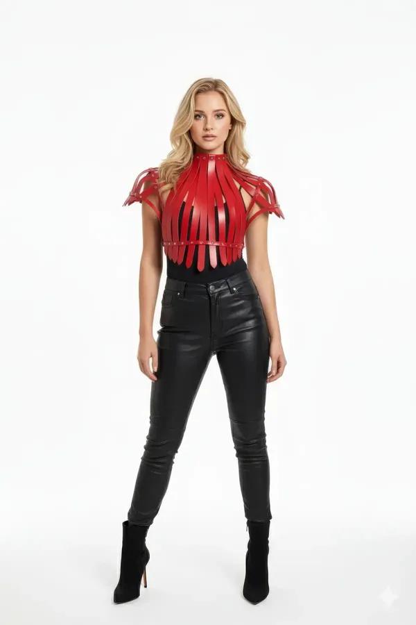 Red Faux Leather Architectural Shoulder Harness Top
