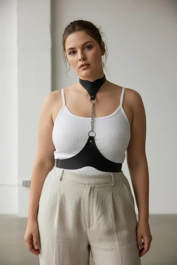 Black Faux Leather Collar-to-Waist Chain Harness