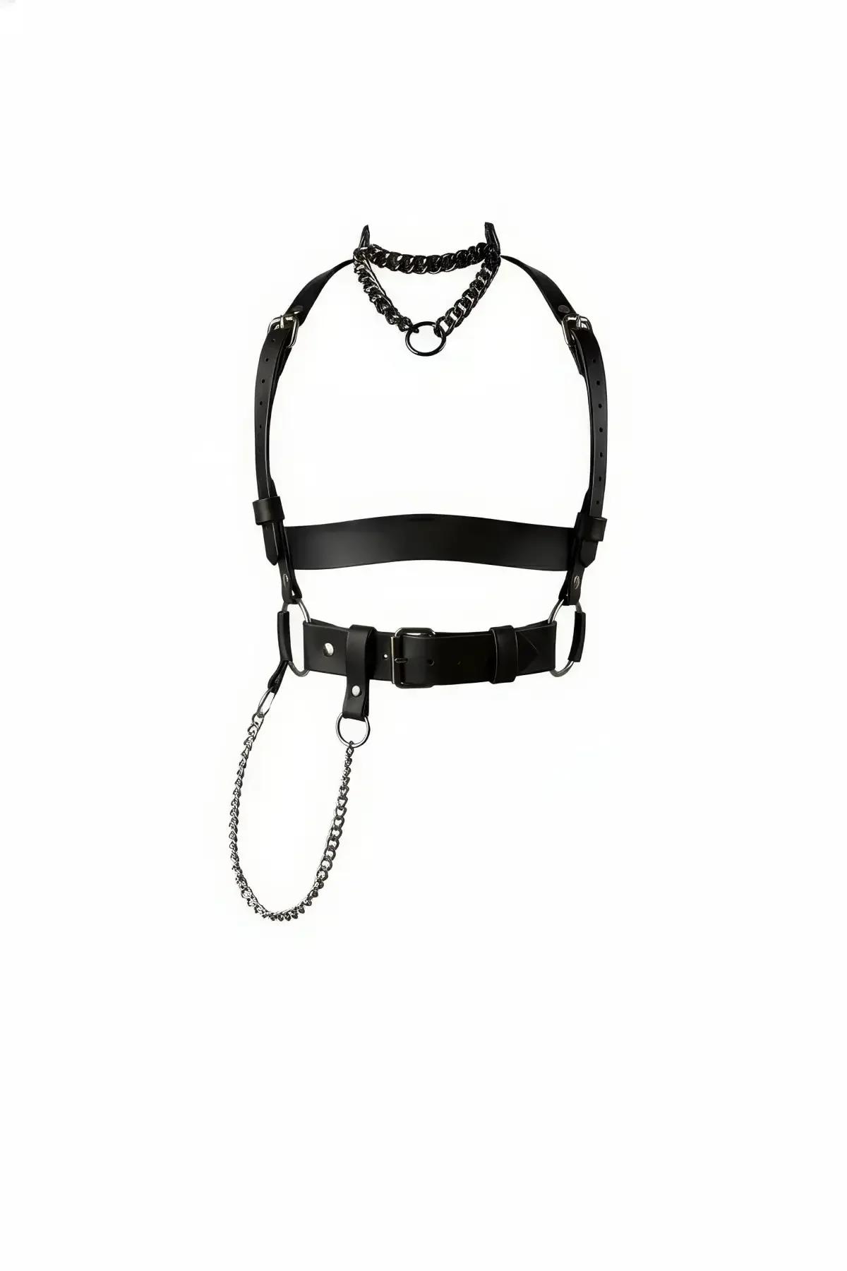 Faux Leather Body Harness with Choker & Detachable Chain