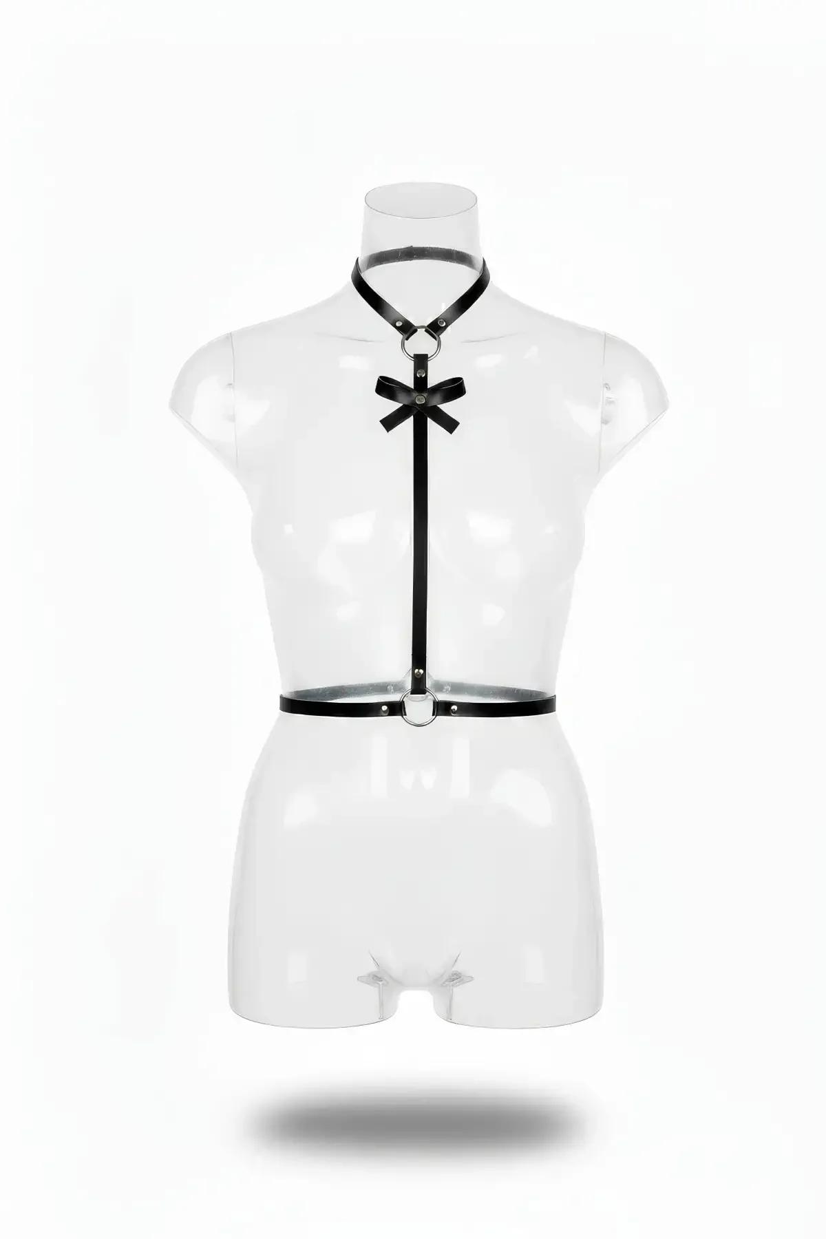 Bow Detail Choker-to-Waist Faux Leather Harness