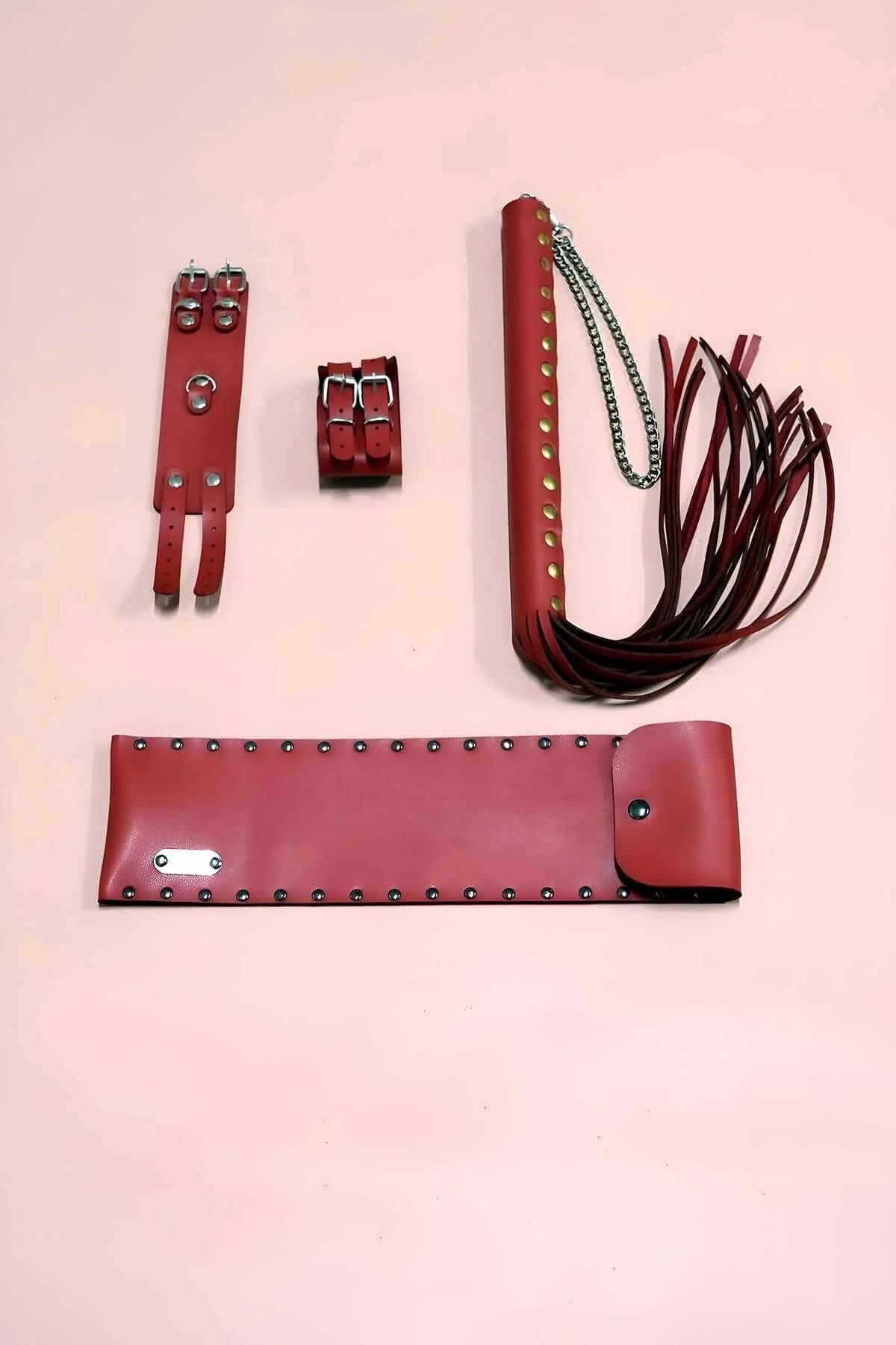 Red Faux Leather Whip and Adjustable Cuff Set