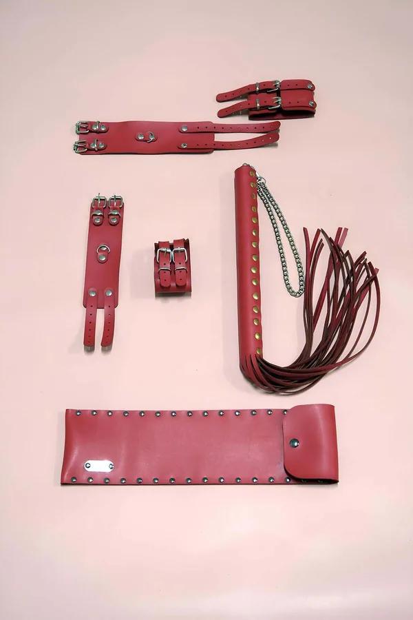 Red Vegan Leather Accessory Set with Handcuffs & Whip