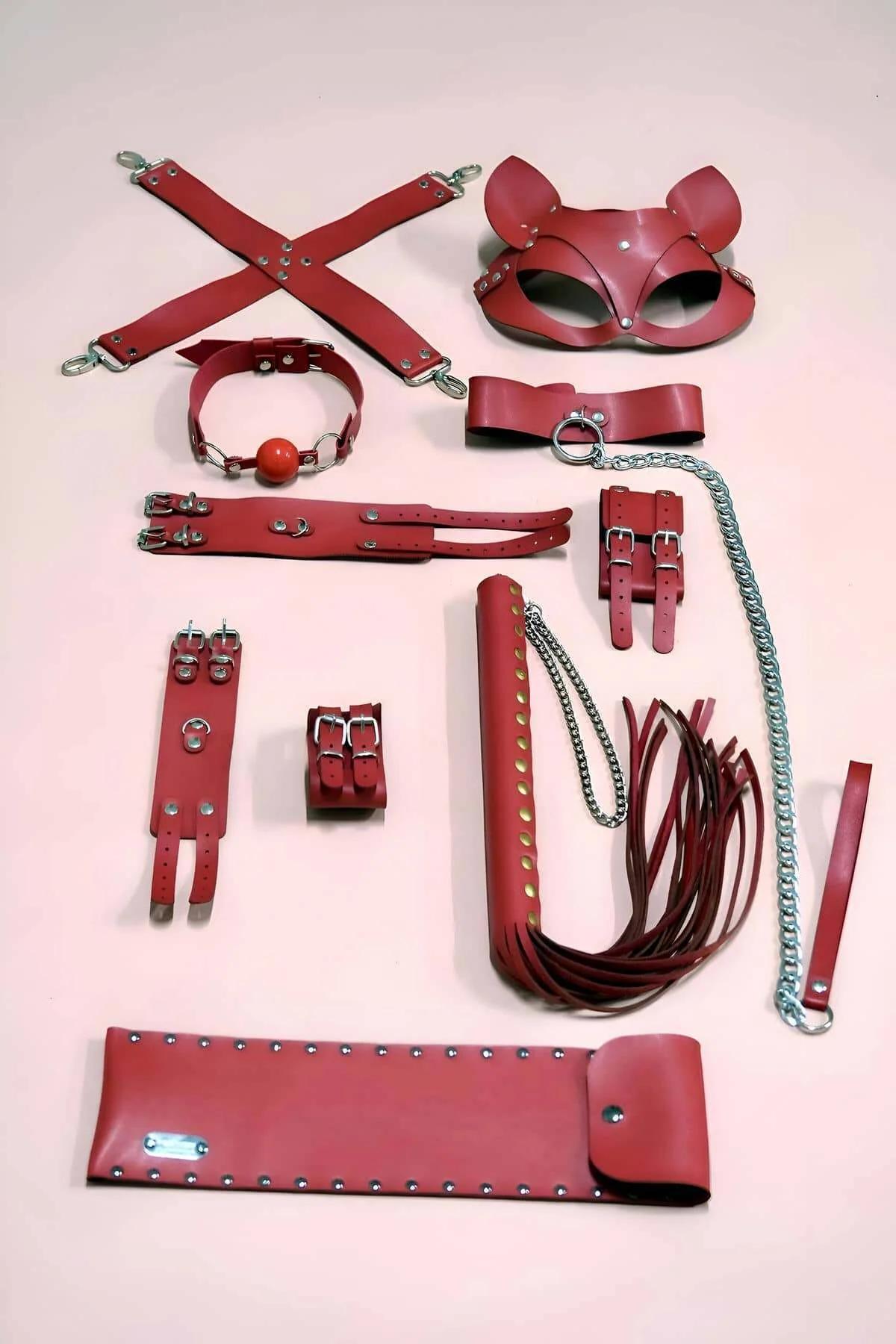 Red Faux Leather Intimate Accessory Set with Cat Mask