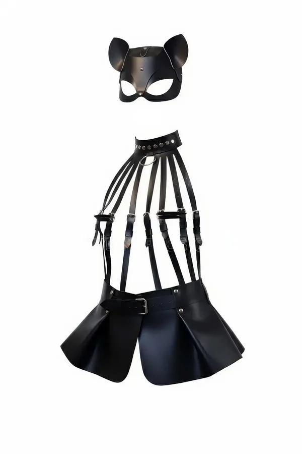 Black Studded Harness Skirt & Cat Mask Set