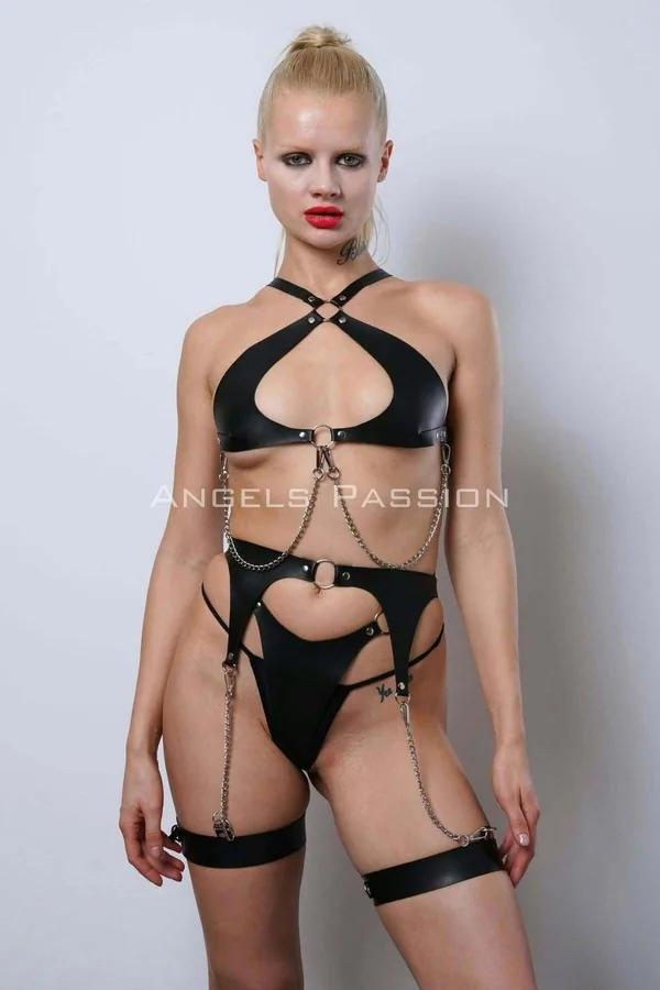 Faux Leather Harness Set with Chain Details & Garter Straps