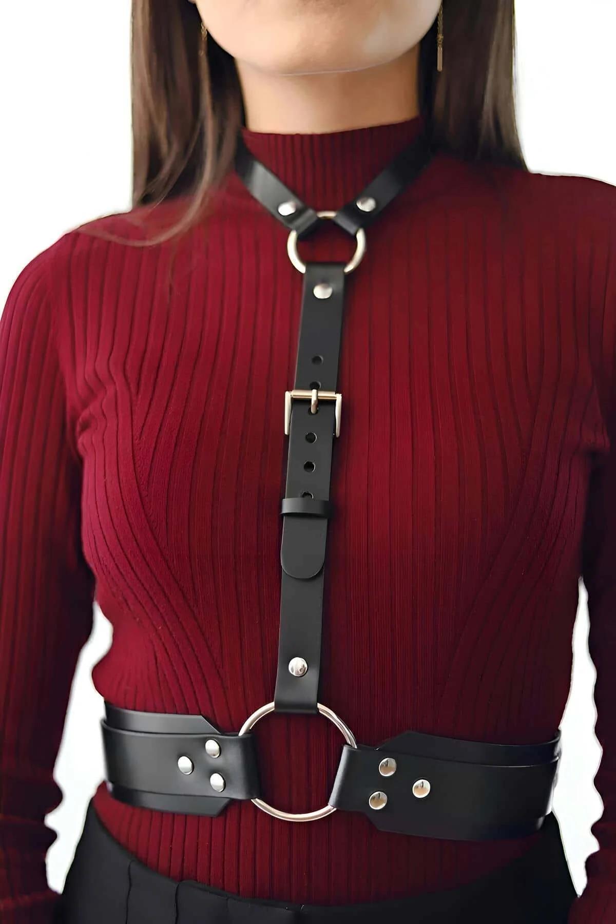 Adjustable Faux Leather Waist Belt with O-Ring Chest Harness